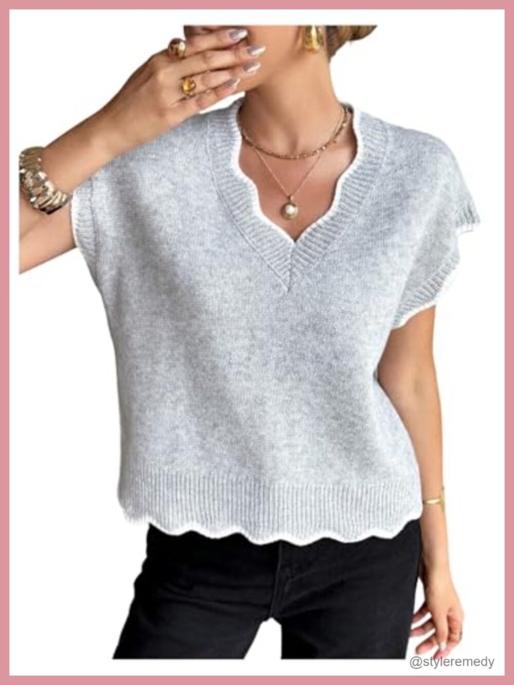V-Neck Scallop Cap Sleeve Knit Pullover Sweater Tops